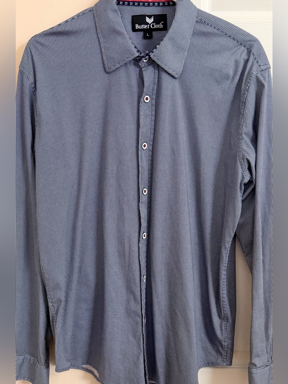 Buttercloth 100% Cotton Blueish Grey w/ White Men’s L Long Sleeve Button Up